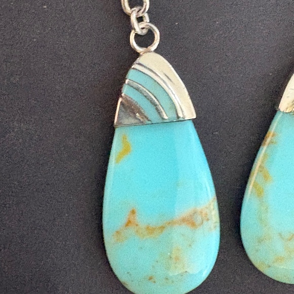 Turquoise Sterling Silver Teardrop Dangle Statement Dangle Earrings - Picture 8 of 9